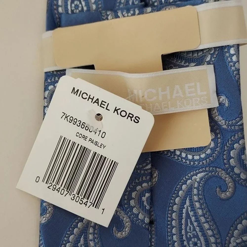 Michael Michael Kors 100% Silk Core Paisley Men's Tie Blue White Silver Gray NWT